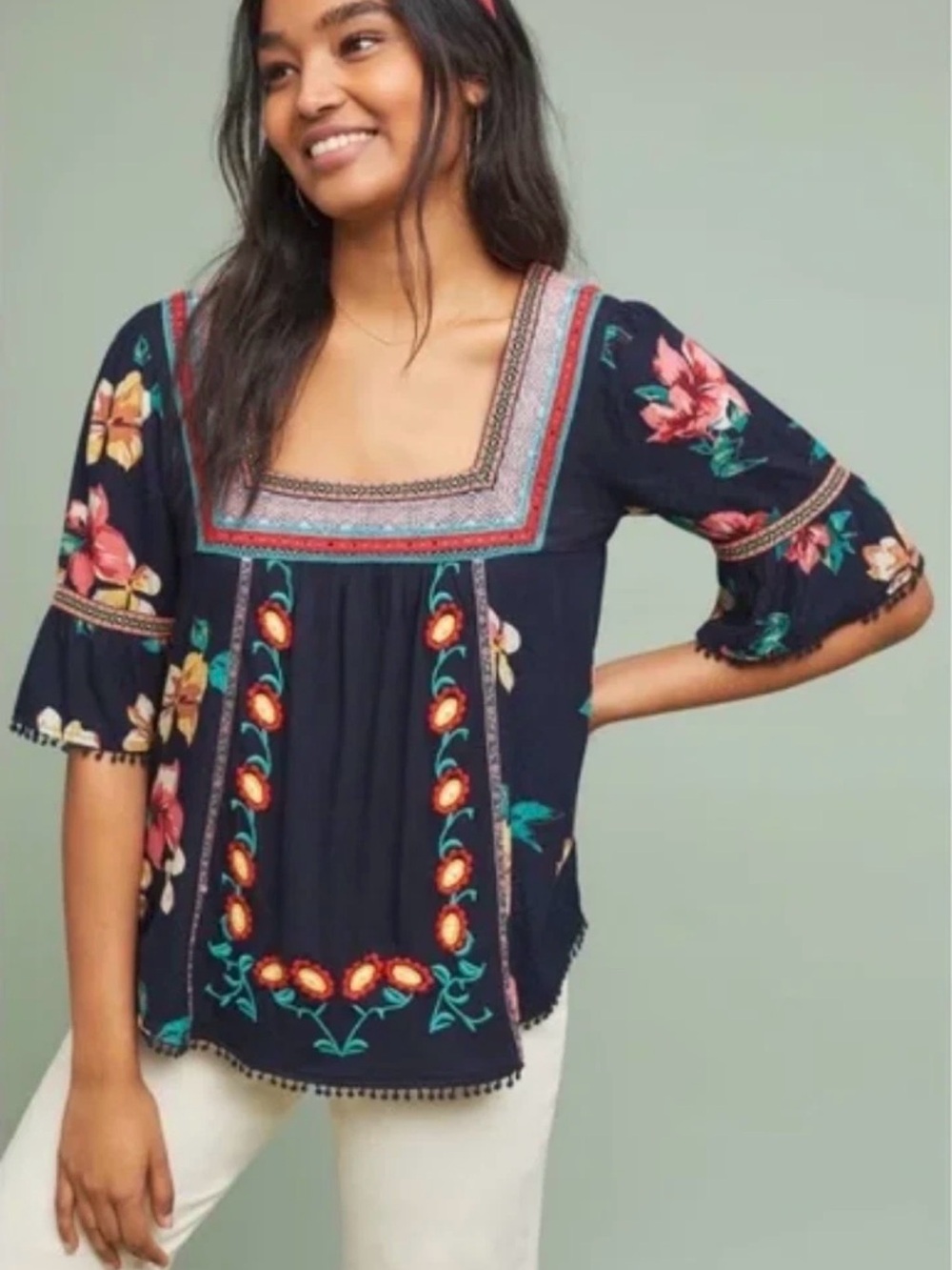 Anthropologie Dakota Bell Sleeve Embroidered Top Size Medium
